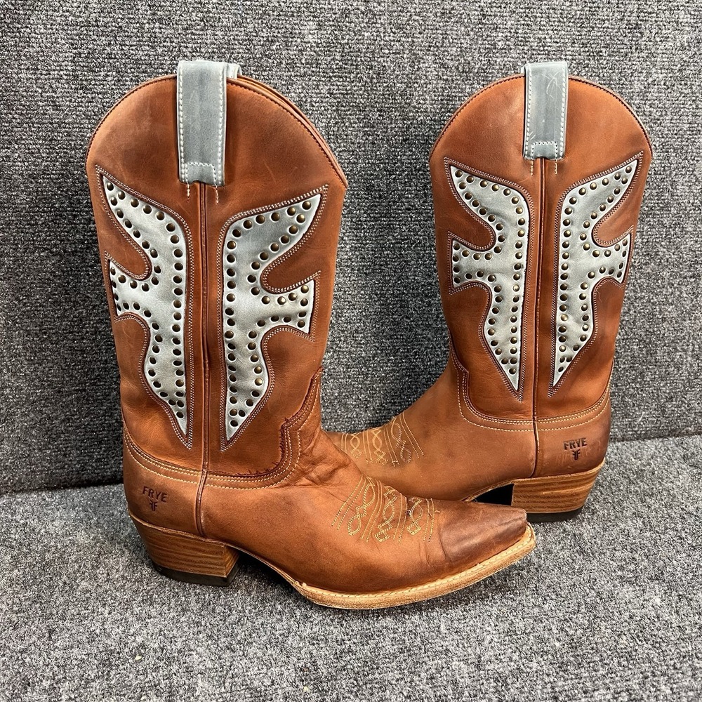 Vintage Frye Daisy Duke Western Cowboy Boots 8.5M Brown/Lt Blue Snip Toe (77781)